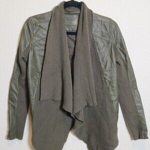 BLANKNYC Olive Green Faux Leather Knit Draped Open Front Moto Jacket XS